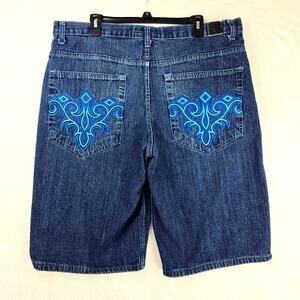 Vintage Refuse Jean Shorts Mens 40 Blue Embroidered Pocket Baggy Skater Y2K